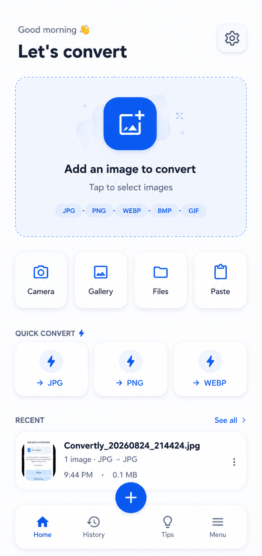 PicConverter app home screen — add an image to convert to JPG, PNG or WEBP
